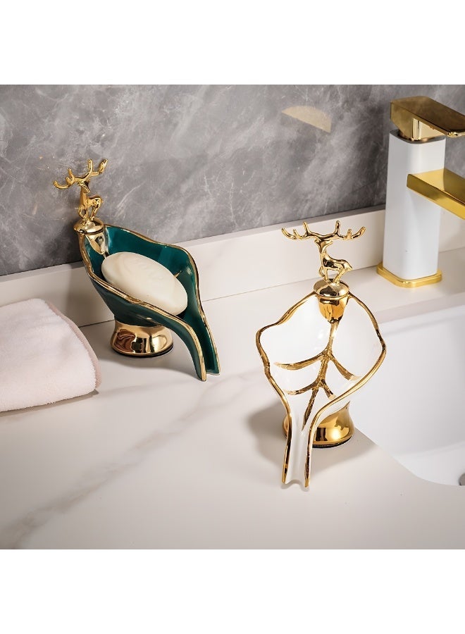 ALMiHomi Luxury Ceramic Soap Dish 2-Pack – Gold Deer Design, Premium Bathroom Soap Holder, Soap Tray for Sink Counter, Stylish Bath Organizer - Image 2